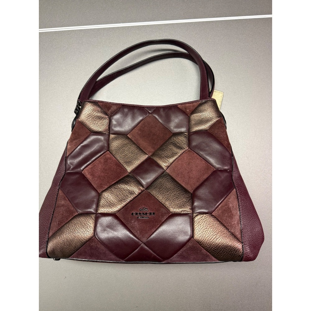 Coach Patchwork Leather Suede Hobo Bag Burgundy Bronze Metallic Shoulder Bag